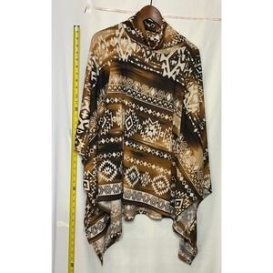 Womens Geometric Print Poncho Shawl Cowl Neck‎ Brown White Beige S M